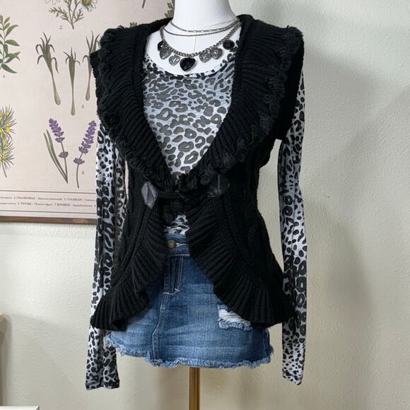 Y2k Black Cable Knit Ruffle Faux Fur Trim Sweater Vest Gyaru Himekaji Trashy M L - Picture 1 of 8